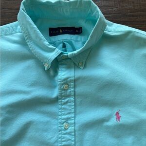 Ralph Lauren Men's Aqua Button-Down Shirt with Pink Pony Embroidery